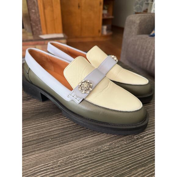GANNI Light Blue, Hunter Green, and Crème Color Block Loafers Sz. 40 - Picture 6 of 10